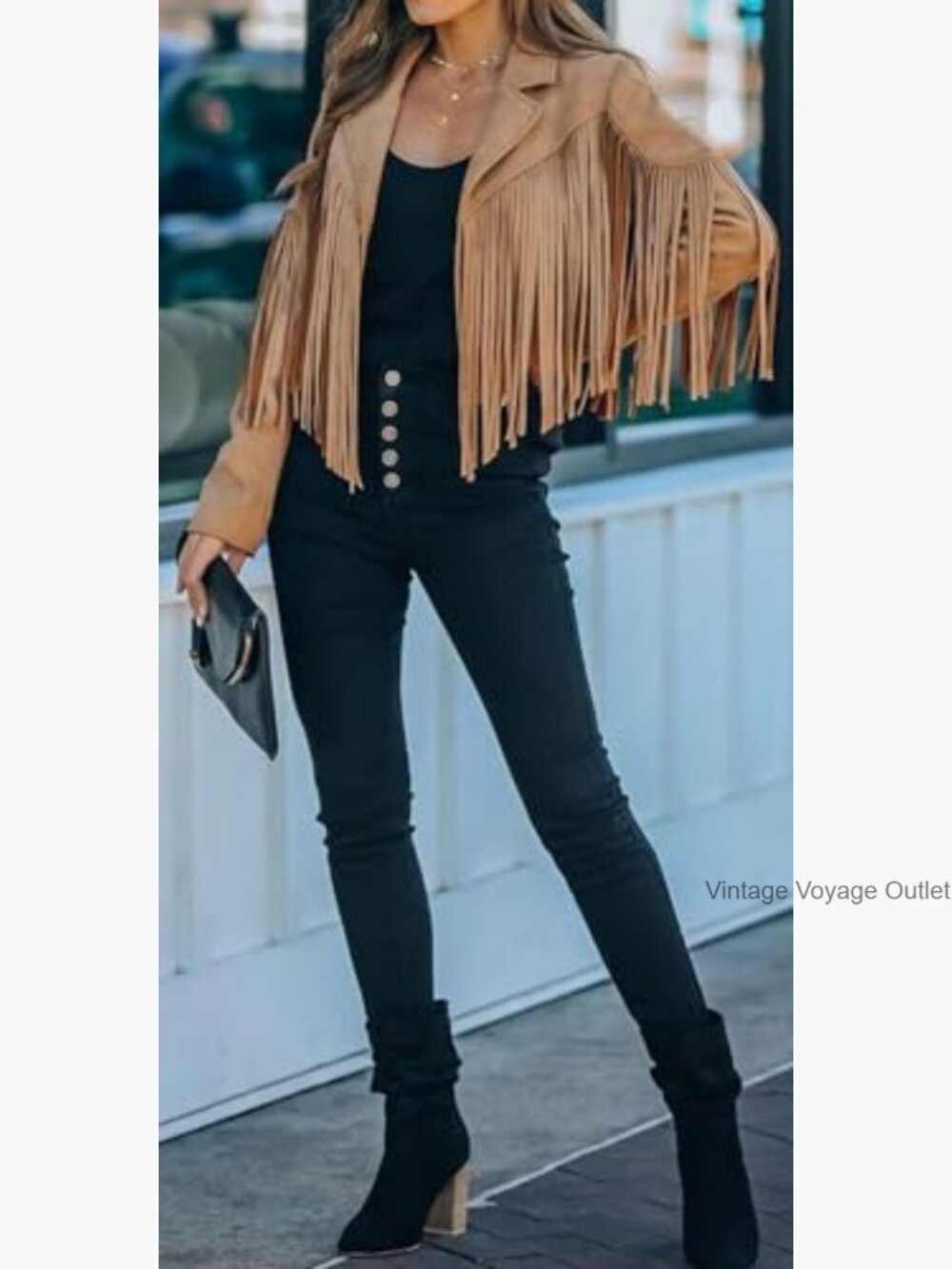 Faux Leather Cropped Jacket with Fringe Tassels, Western Style, Regular Fit - Picture 4 of 7